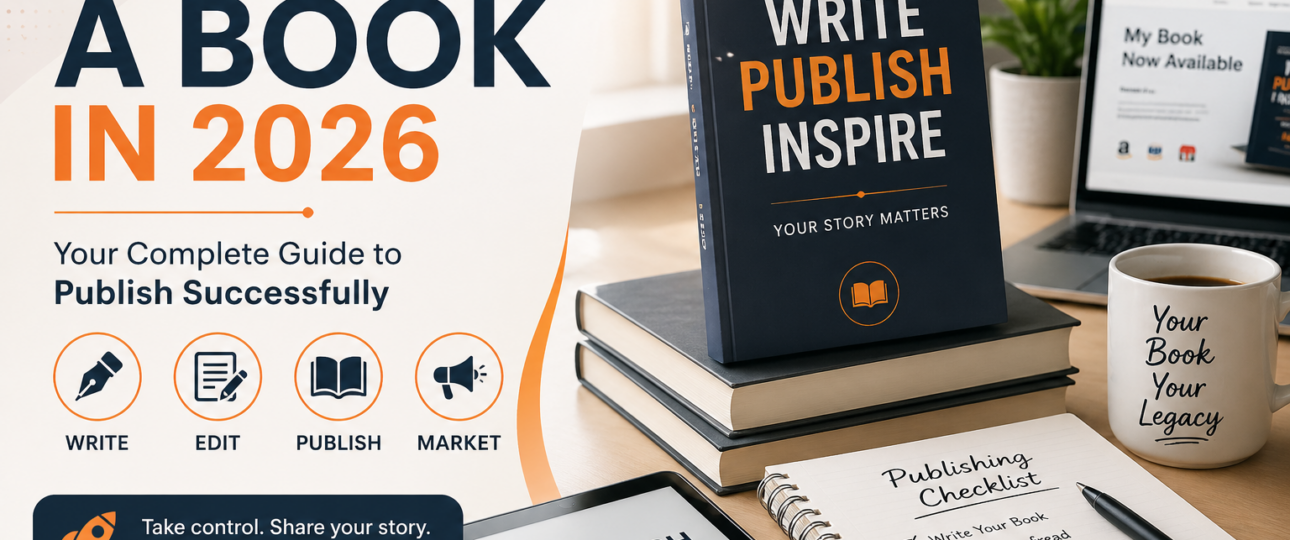 Self publishing a book in 2026 guide showing writing, editing, publishing and marketing steps for new authors