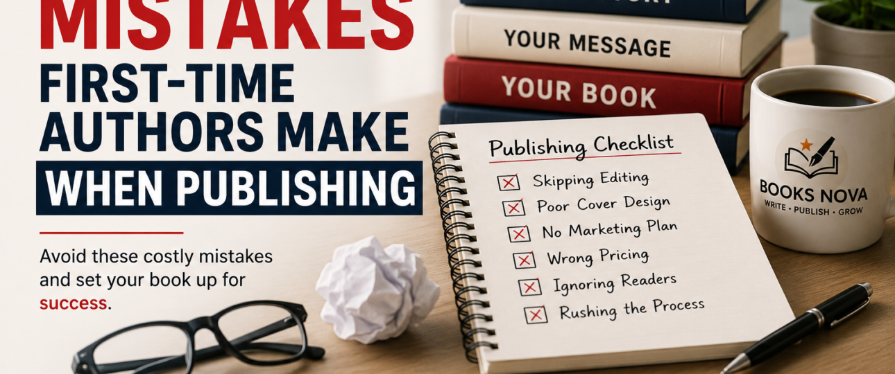 Illustration showing common mistakes first-time authors make when publishing and how to avoid costly self-publishing errors.