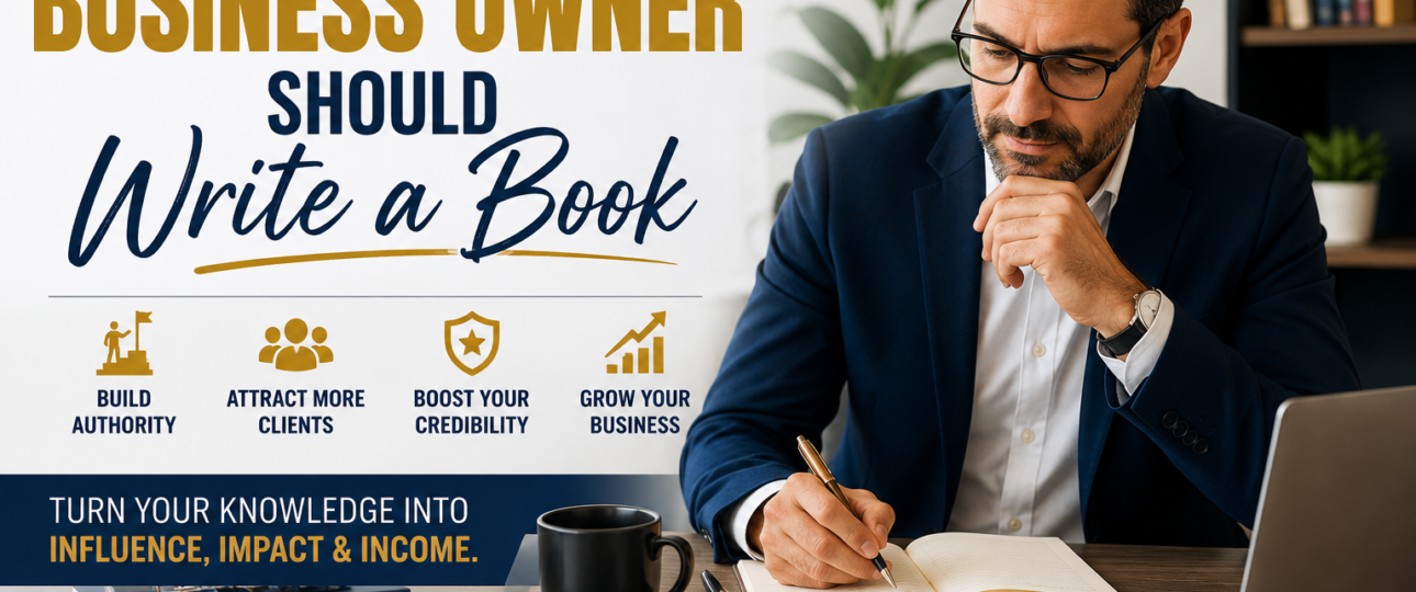 Books Nova - Business owner writing a book at a desk, illustrating why every business owner should write a book to build authority, attract clients, increase credibility, and grow their business through authorship.