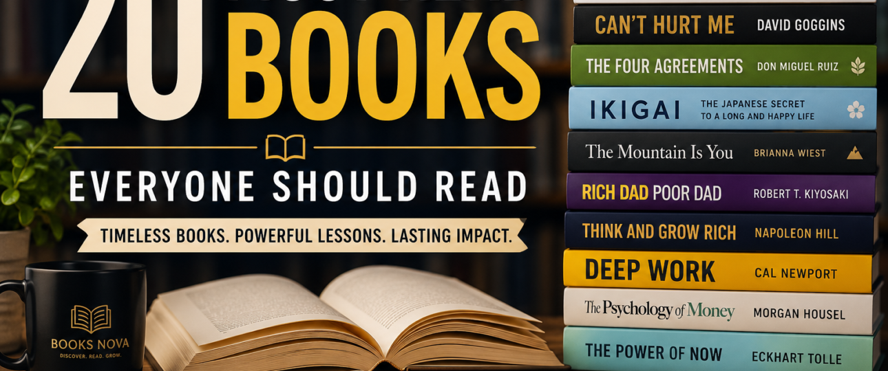 20 Must-Read Books Everyone Should Read at Least Once – Books Nova reading guide featuring bestselling books including Atomic Habits, Can't Hurt Me, Ikigai, Rich Dad Poor Dad, Deep Work, and The Psychology of Money.