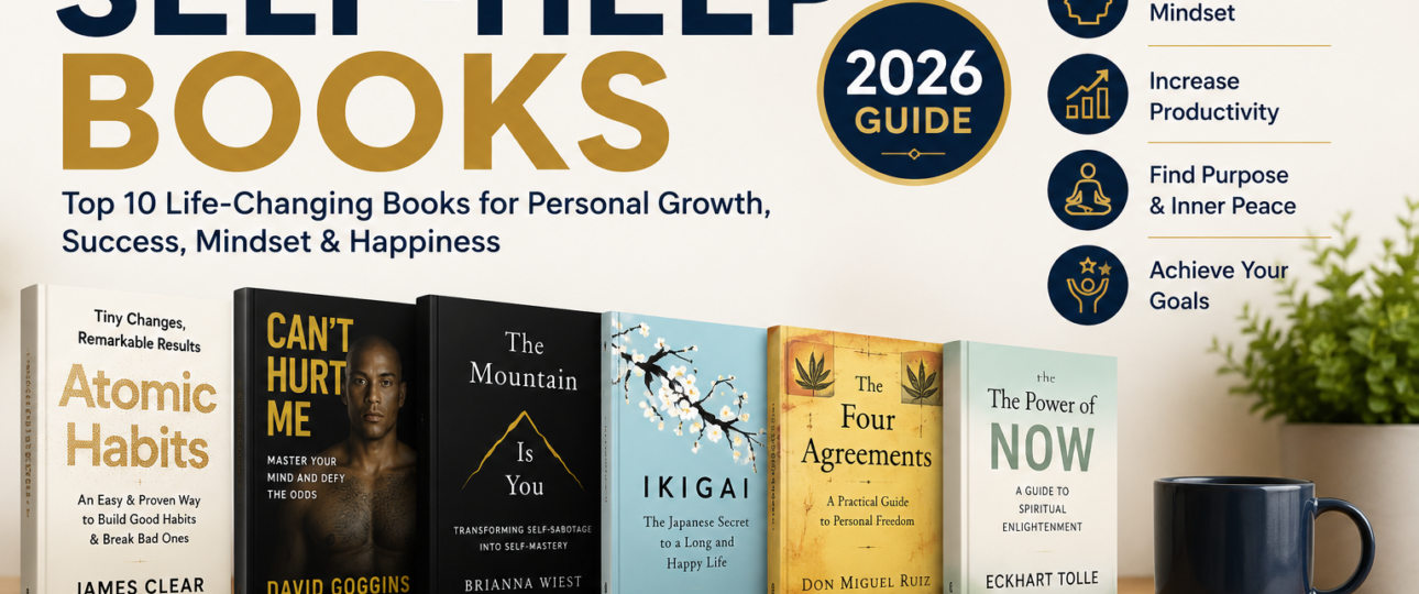 Best Self-Help Books recommended by Books Nova featuring Atomic Habits, Can't Hurt Me, Ikigai, Deep Work, and The Four Agreements