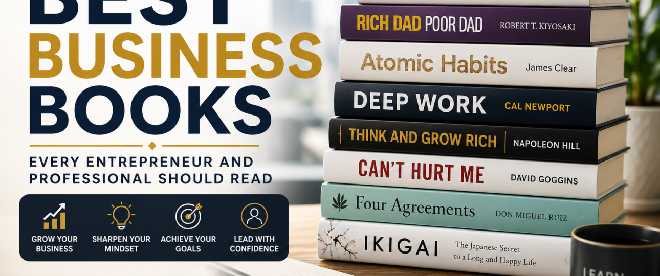 Best Business Books featuring Rich Dad Poor Dad, Atomic Habits, Deep Work, Think and Grow Rich, The Psychology of Money, and Ikigai by Books Nova.