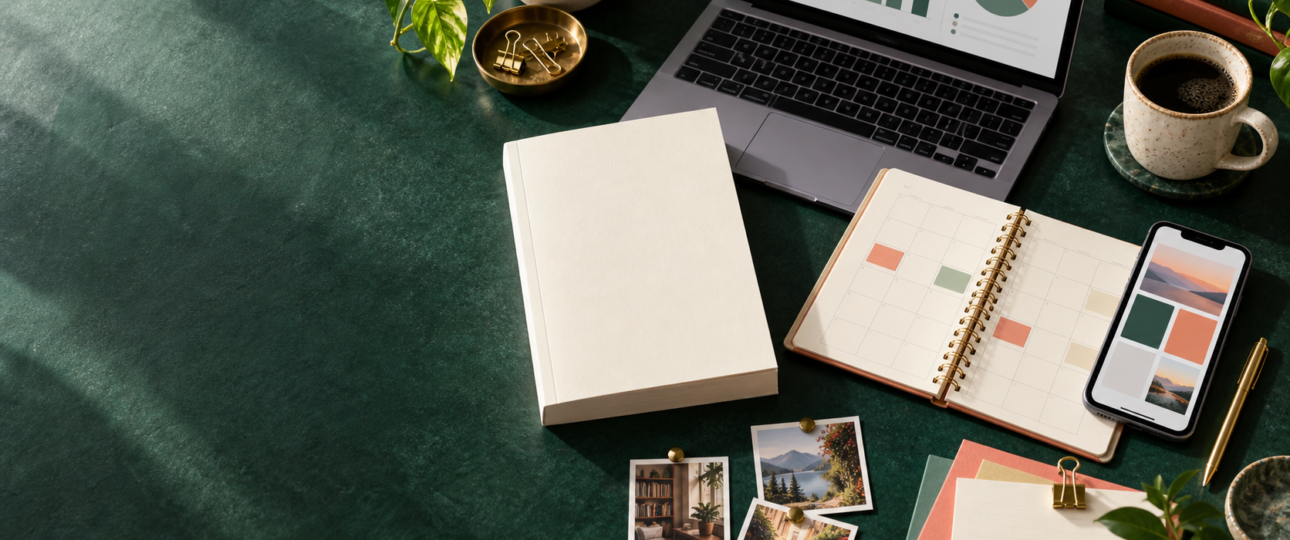 Book marketing strategies planning workspace with a book, calendar, laptop analytics, and social content ideas.