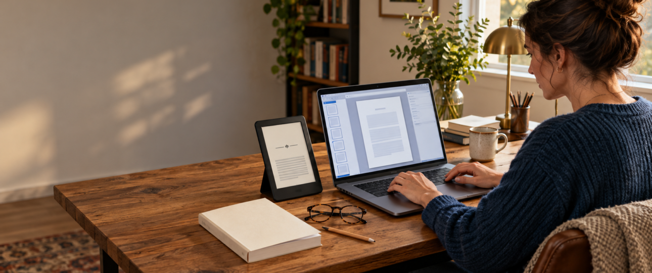 Author formatting a book for Kindle on a laptop beside an e-reader and manuscript.