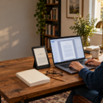 Author formatting a book for Kindle on a laptop beside an e-reader and manuscript.