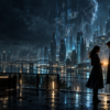 Romantic suspense books feature image with two characters in a futuristic city.