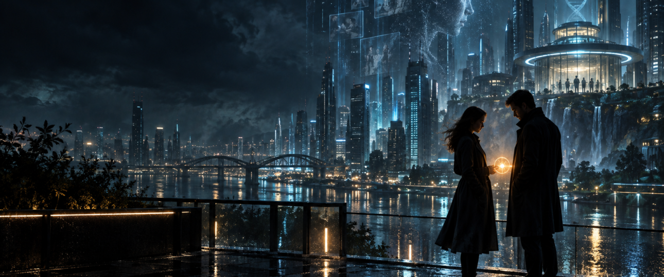Romantic suspense books feature image with two characters in a futuristic city.