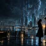 Romantic suspense books feature image with two characters in a futuristic city.