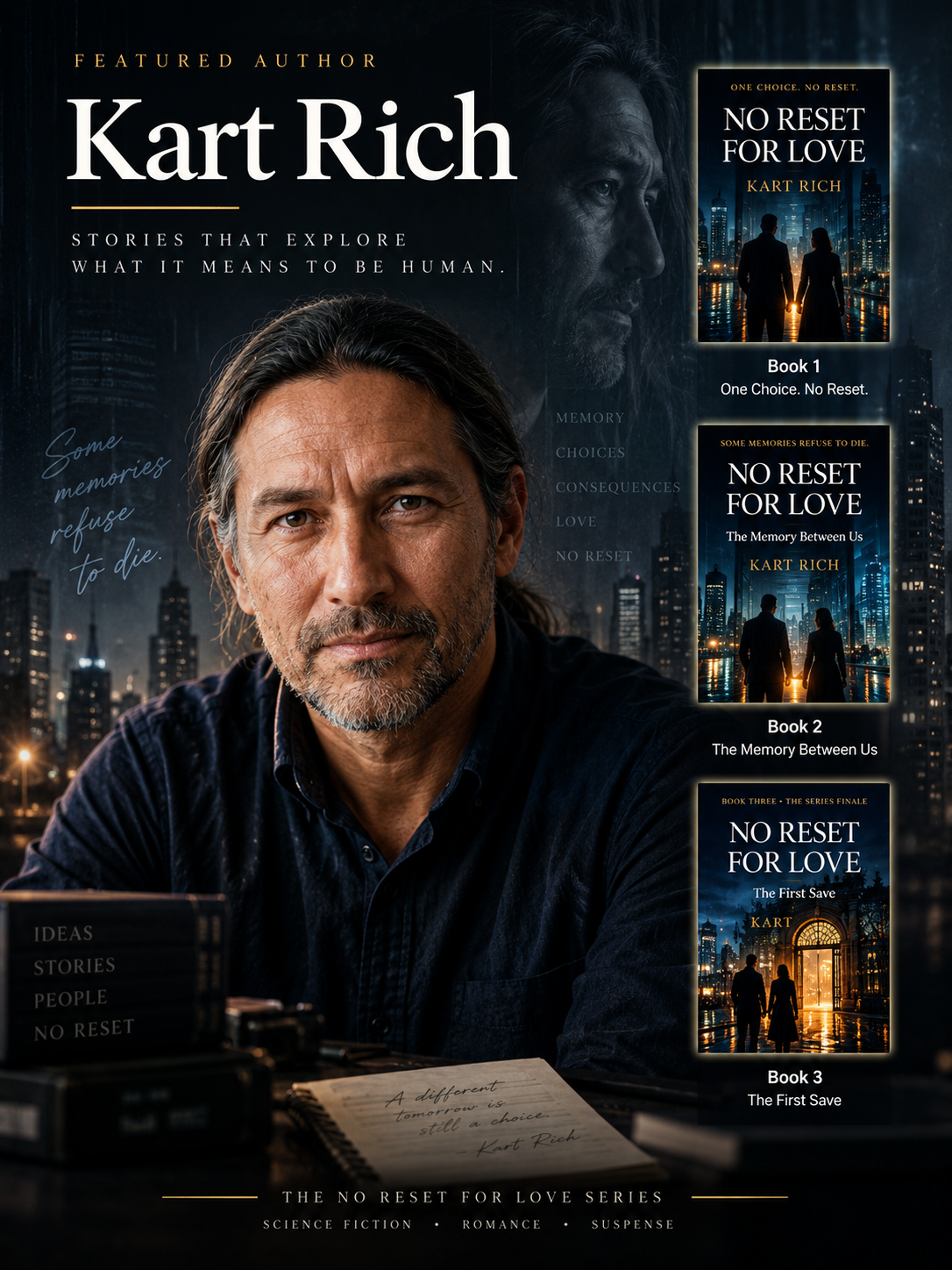 Kart Rich featured author with the No Reset for Love science fiction romance thriller trilogy