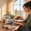 Author building her website on a laptop beside a book in a warm, sunlit home office.