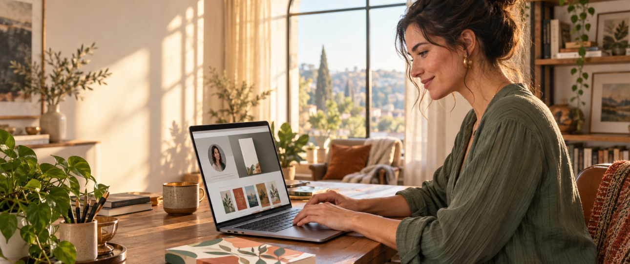 Author building her website on a laptop beside a book in a warm, sunlit home office.