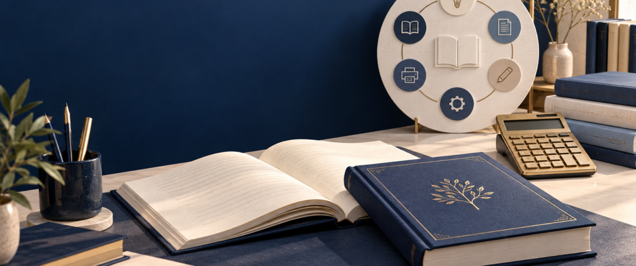 Books, manuscript, calculator, and publishing-planning icons representing the cost of publishing a book