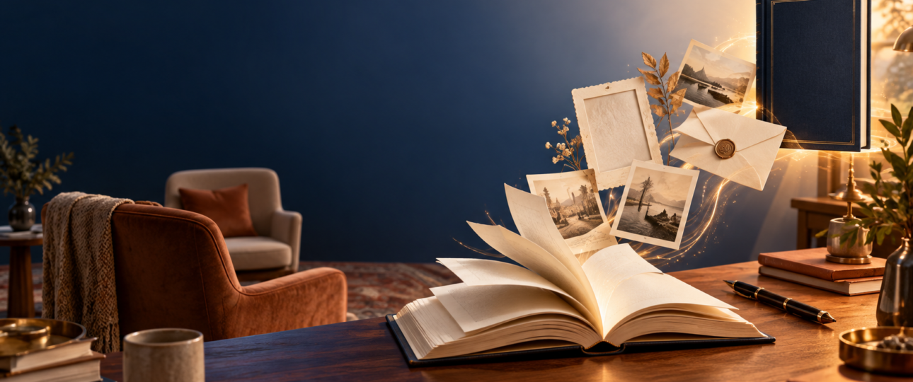 Open memoir with photographs, a letter, and a finished book representing ghostwriting a life story.
