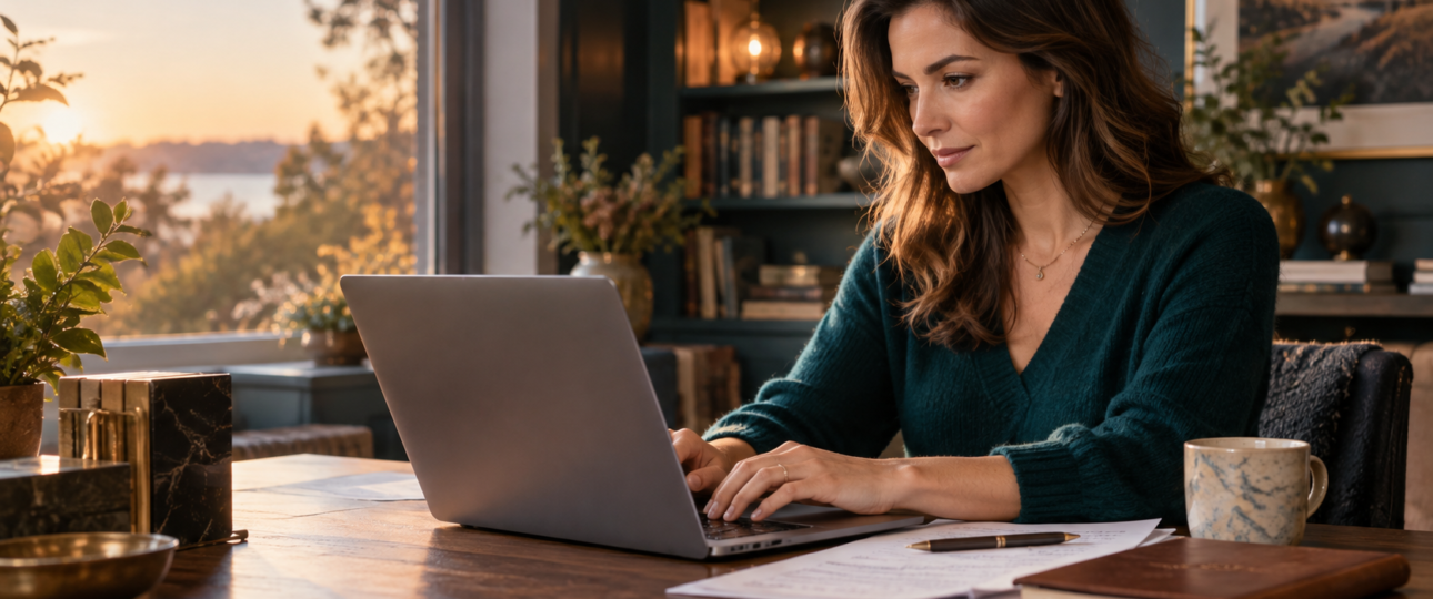 Woman writing a book on a laptop, illustrating ghostwriting vs co-authoring.