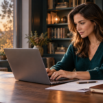 Woman writing a book on a laptop, illustrating ghostwriting vs co-authoring.