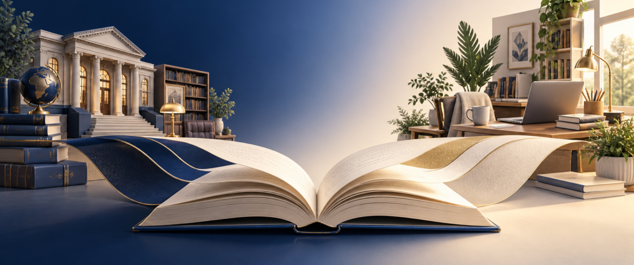 Open book connecting traditional publishing and independent author workspaces, representing hybrid publishing.