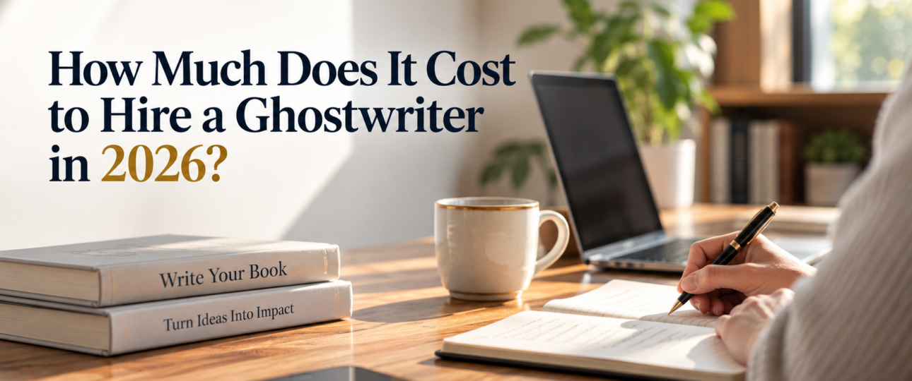 How much does it cost to hire a ghostwriter in 2026? Blog cover featuring a writer working at a desk with books and a laptop.