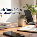 How much does it cost to hire a ghostwriter in 2026? Blog cover featuring a writer working at a desk with books and a laptop.